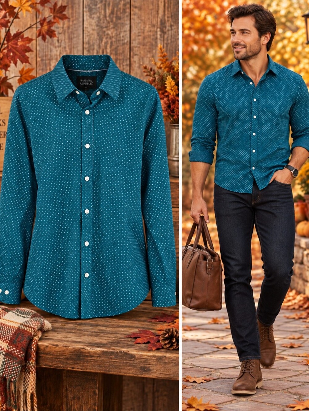 Banana Republic Men's XL Non-Iron Dress Shirt Standard Fit Teal Polka Micro Dot
